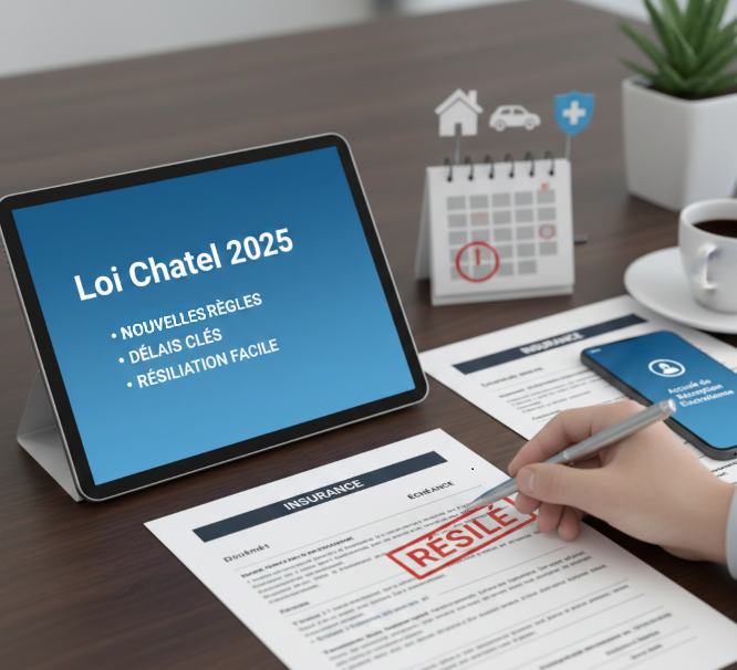 Loi Chatel 2025 sur tablette avec documents de résiliation d’assurance